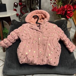 Tahari Girls Toddler Hooded Pink Zip Up Puffer Jacket, Gold Hearts Size 18M